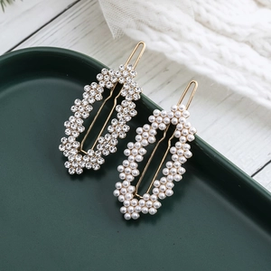 Elegant Oval Faux Artificial Pearl And Rhinestone Hair Clip Geometric Hollow Metal Barrettes Korean Style Sweet Side Clip For Women