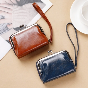 Portamonete in pelle PU marrone e blu scuro con chiusura in metallo e cinturini