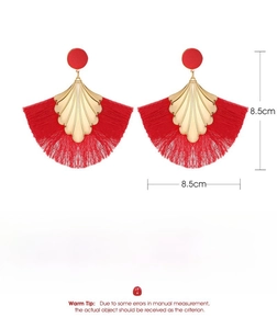 Close-up of bohemian red fringe earrings with golden scallop alloy detail and dimensions