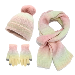 Winter tie-dye knit set with pompom hat scarf and touch screen gloves in pastel gradients