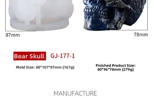 Macro detail of bear skull silicone mold showing texture and 88x107x87mm dimensions
