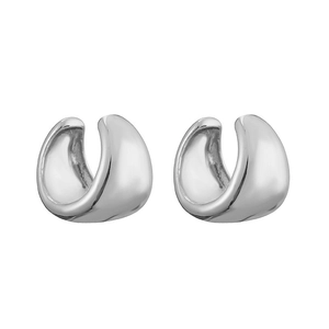 Close-up of minimalist silver C-shaped ear cuffs with polished mirror finish texture