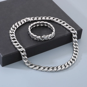Polished silver 15mm Cuban link chain necklace and bracelet set for men in stainless steel
