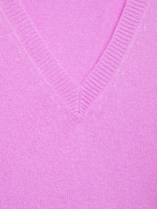 Macro detail of a soft pink V-neck knit sweater featuring a ribbed collar and fine texture