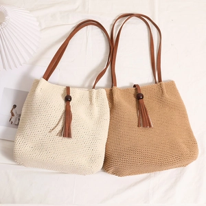 Bohemian woven cotton shoulder bags with wooden beads and tassels in beige and khaki colors