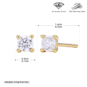 Detail view of 925 silver 4mm cubic zirconia studs showing precise front and side dimensions