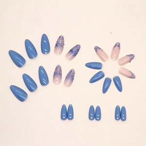 Deep blue almond press-on nails set with gradient glitter finish, 24 piece long almond shape