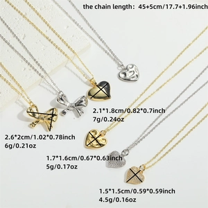 Collection of gold and silver bow and heart pendant necklaces with chain length specs
