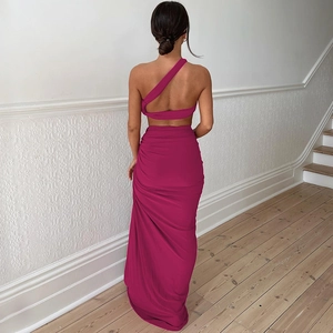 Elegant rose red one-shoulder backless maxi dress with side cut-out for women