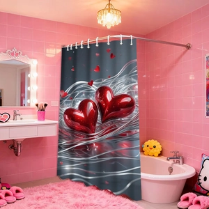 3D red heart waffle print shower curtain with silver lines on grey waterproof fabric