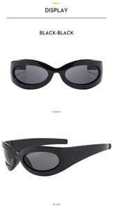 Detailed views showing front and side angles of Y2K oval punk sunglasses in glossy black