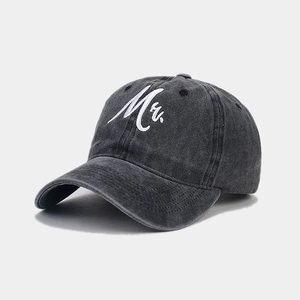 Close-up of Mr. embroidery on a charcoal grey washed cotton vintage baseball cap