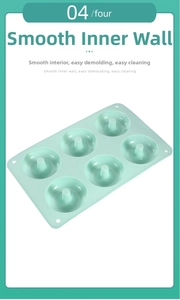 Detail of mint green 6-cavity silicone donut mold with smooth non-stick interior walls