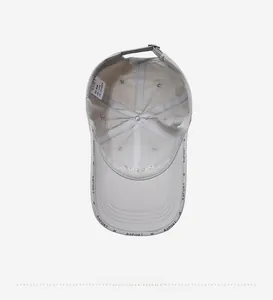 Detail of light gray breathable quick-dry cap showing inner lining and material label