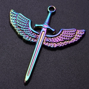 Macro view of sword-shaped wing pendant with rainbow finish for DIY jewelry