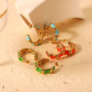 Bamboo style C-shaped stainless steel earrings with colorful enamel dripping decorations