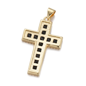 Chic gold cross pendant necklace featuring micro-set black cubic zirconia on white background