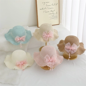Kids woven straw sun hat and bag set with wave brim and bow in multiple colors