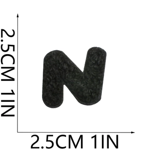 Close-up of black chenille letter N patch showing 2.5cm dimensions on white background