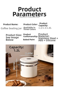 Detailed dimensions of 1.2L white stainless steel coffee canister with airtight metal latch