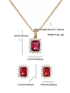 Detailed size specifications for red zircon jewelry set including necklace and earrings