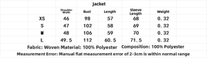 Detailed size chart for women's two-piece utility outfit with shirt and shorts