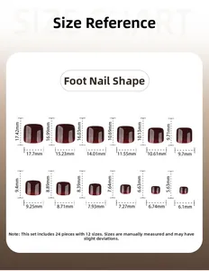 Size chart showing 12 different dimensions for burgundy press-on toenails set