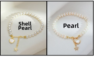 Comparison detail of white shell pearl and pink natural pearl bracelets with star charms
