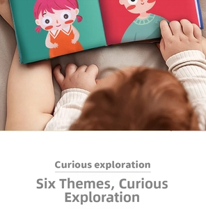 Detailed view of baby soft cloth book showing colorful cartoon patterns and six themes