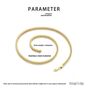 Detailed specs of 2mm golden stainless steel keel chain necklace, 650mm long and 9g weight