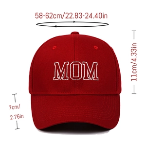 Dark red cotton baseball cap with white MOM embroidery and detailed size dimensions