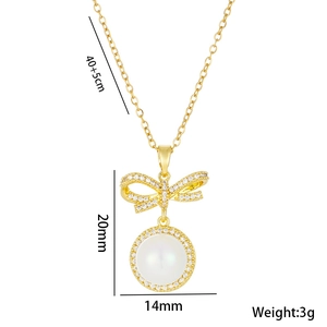 Elegant gold bow pearl pendant necklace for women with dimensions and weight info