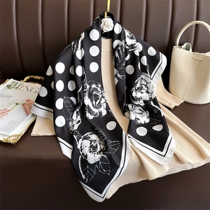 Elegant Square Scarf Satin Polyester Floral Camellia Polka Dot Print Headscarf Sun Protection Shawl For Women Vintage