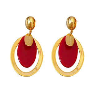 Gold-plated resin oval drop earrings in red with engraved Hand Made tag