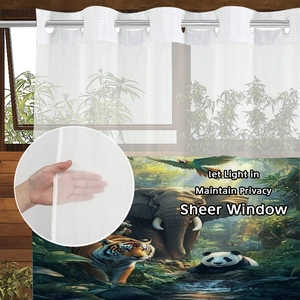 Sheer waffle shower curtain with jungle animal print and metal rings for bathroom hooks
