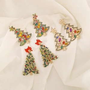 Christmas Tree Dangle Earrings Alloy Rhinestones Faux Artificial Pearl Red Bow Festive Jewelry For Women