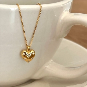 Heart Pendant Necklace 925 Sterling Silver Cubic Zirconia Beaded Chain Minimalist Korean Style Jewelry