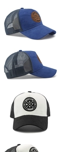 Details des atmungsaktiven Mesh-Netzes und der Stickerei-Patches auf Trucker-Basecaps