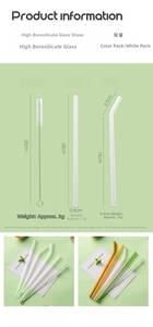 Size chart showing dimensions for heat-resistant borosilicate glass straws and cleaning brush