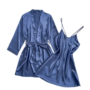 Dark blue satin robe and nightgown two-piece set with a smooth glossy finish for women