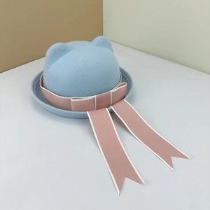 Handmade light blue wool felt Japanese JK uniform hat with cat ears and pink ribbon bow
