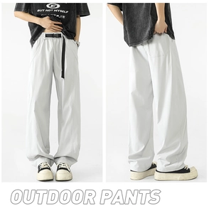 Vista detallada delantera y trasera de pantalones outdoor gris claro con hebilla