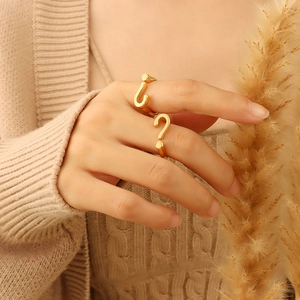 Minimalist question mark open ring in 18K gold plated titanium steel on female hand