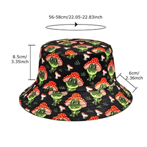 Black frog and mushroom bucket hat with cartoon print and foldable sun protection design