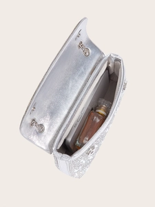 Silver glitter evening bag open view showing space for a smartphone and perfume
