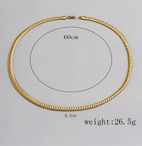 Detail view of gold stainless steel flat chain necklace with size 60cm and width 0.5cm