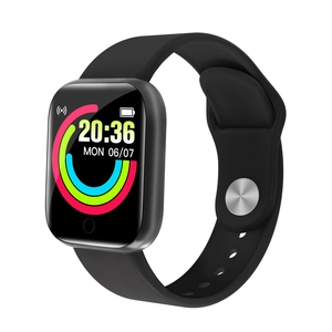 Black smart fitness tracker with square color screen and silicone band on white background