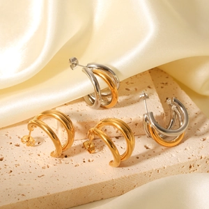 Three-layer linear stainless steel C-shaped earrings in gold and silver mixed finish