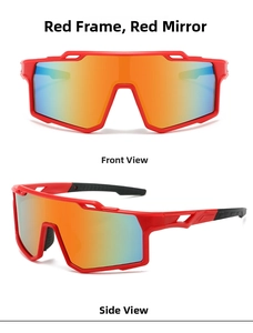 Front and side views of sports sunglasses with red frame and mercury gradient lenses