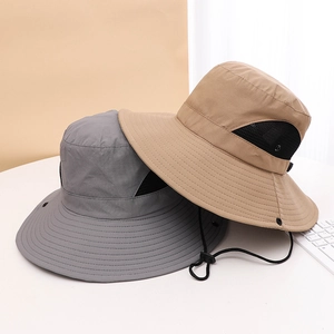 Outdoor UV protection sun hats with wide brim and breathable mesh in grey and khaki colors